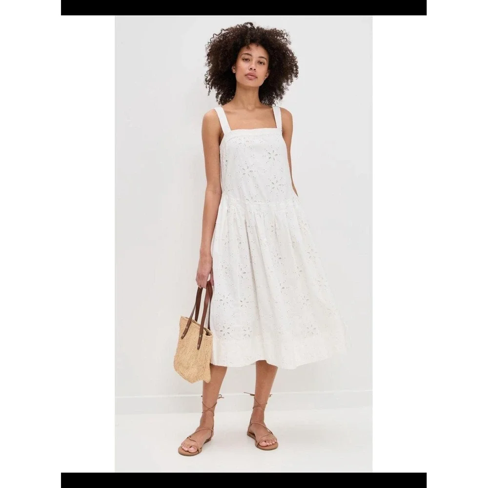 Free People Primavera Eyelet Lace Midi Dress XS White Boho Square Neck Tie Back